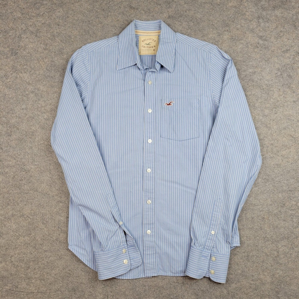 Hollister Shirt‎ Mens Medium Blue Stripe 100% Cotton Button Front Long Sleeve